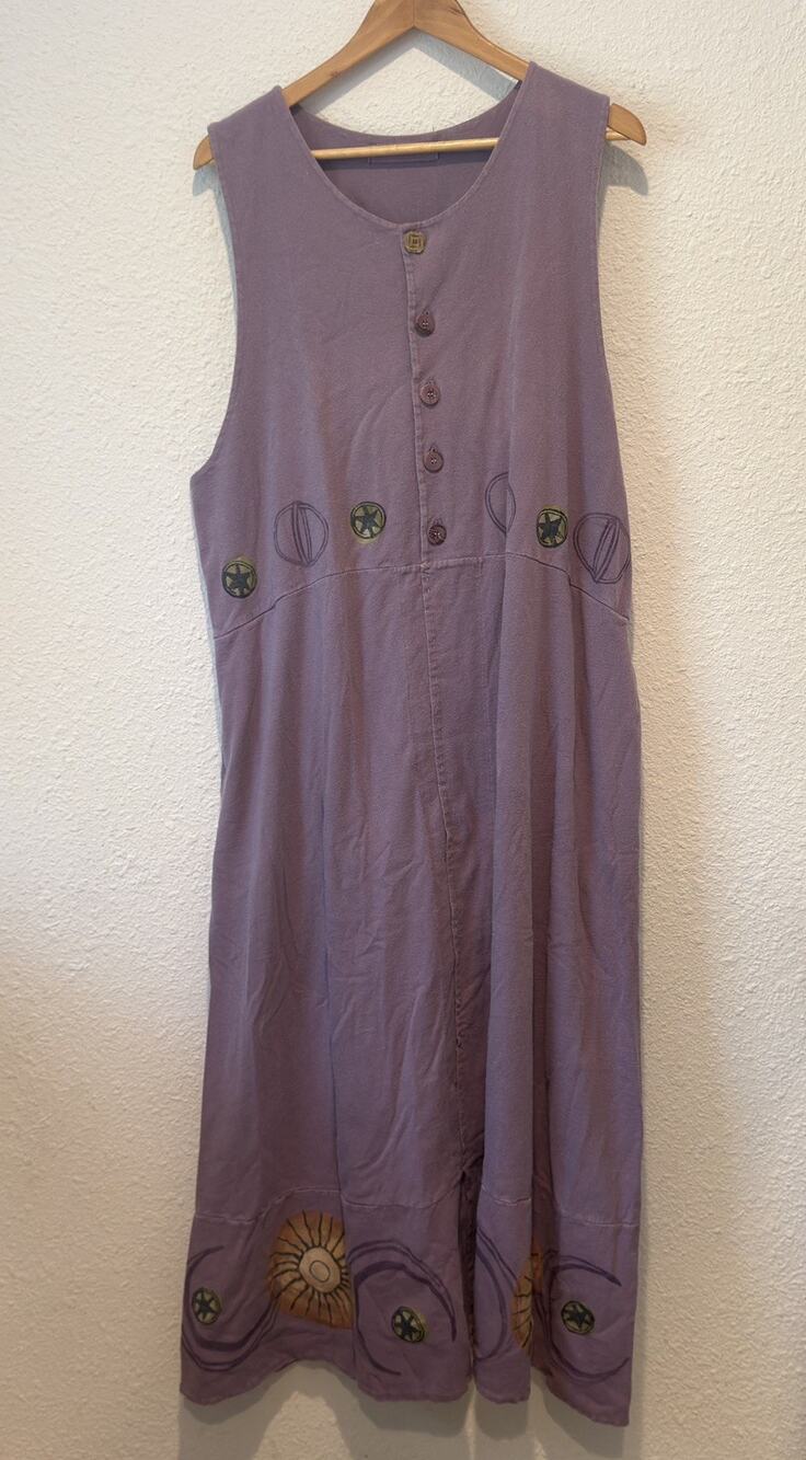 Vintage Sleeveless Blue Fish Scoop Neck Hand Painted Purple Lagenlook Dress